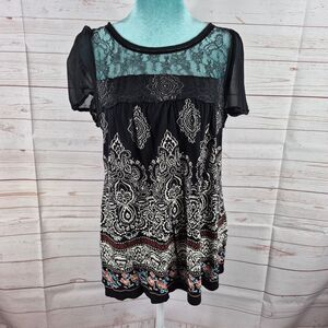 Bila Top Size Large Boho Hippie Retro Floral Paisley Peasant Sheer Lace Festival